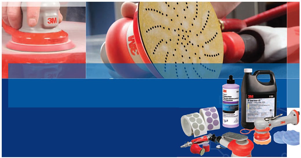 Random orbital sander in use and a close-up of a perforated abrasive disc