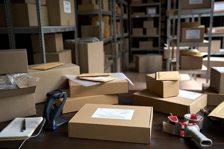 Packing bench with cartons, a barcode scanner and a tape gun ready to dispatch