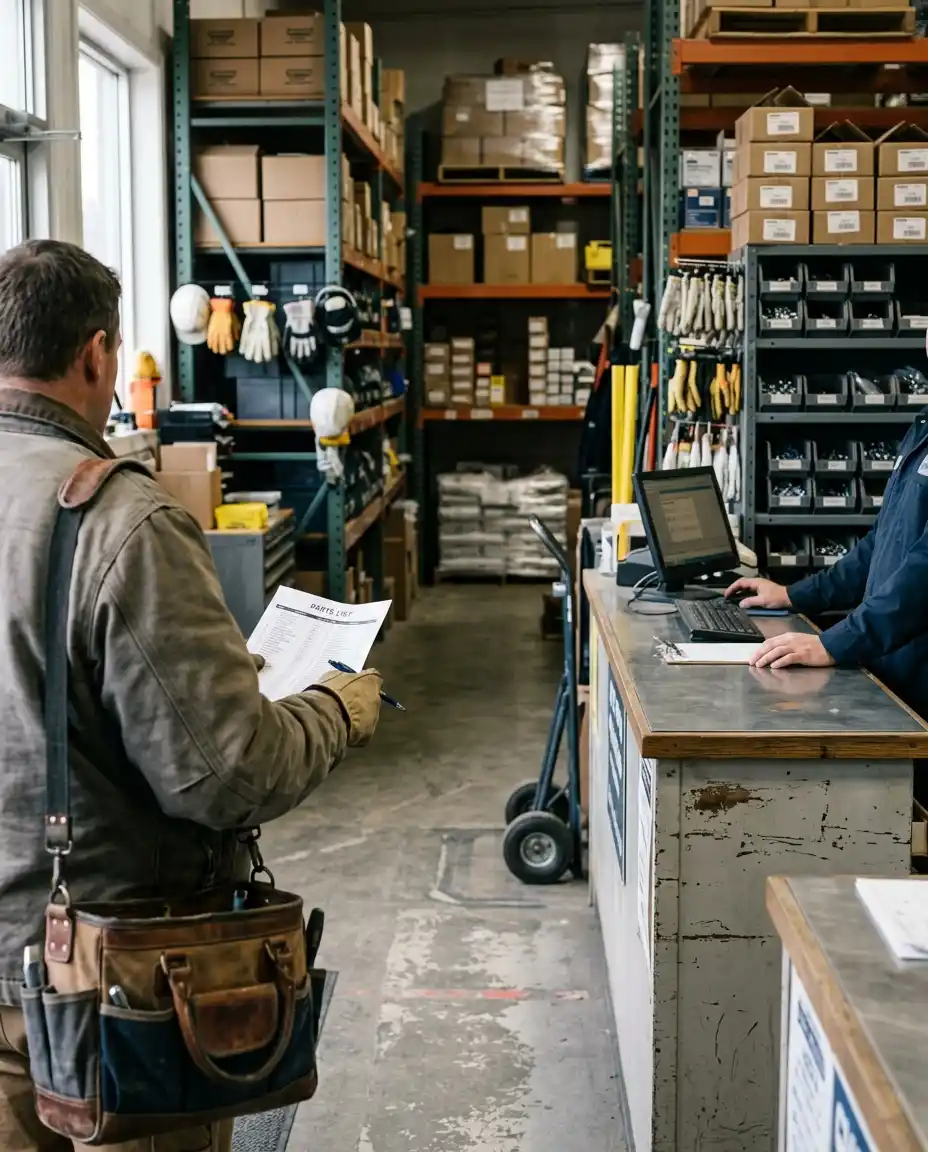 A tradesperson bringing a parts list to an industrial supply counter